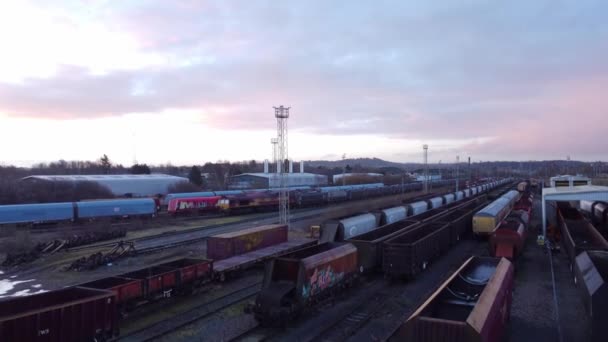 Aerial View Long Train Yard Tracks Freight Shipping Tanker Railway — ストック動画