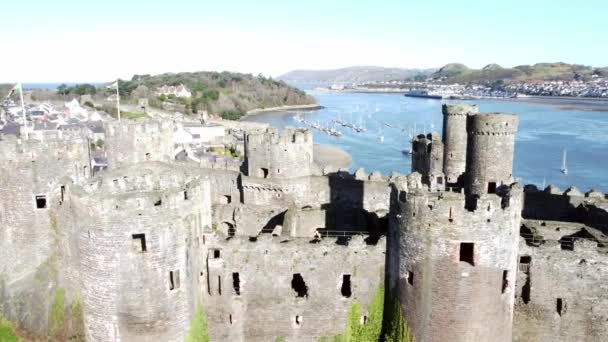 Medieval Conwy Castle Welsh Market Town Ruins Aerial View Historical — Stock video