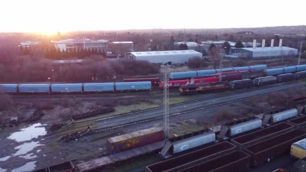 Aerial View Long Train Yard Tracks Freight Shipping Tanker Railway — Stockvideo