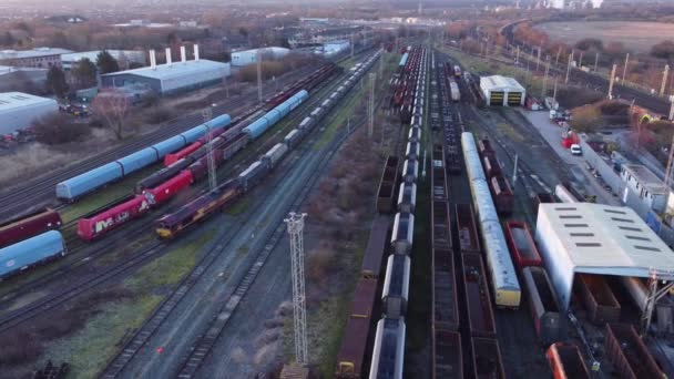 Aerial View Long Train Yard Tracks Freight Shipping Tanker Railway — Stockvideo