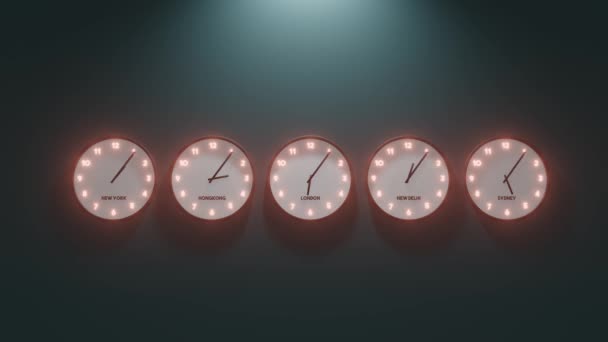 Time zone clocks on wall. Loop of wall clocks showing different time zones 3D render animation