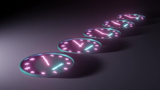 Abstract glowing time zone clocks. Loop of wall clocks showing different time zones 3D render animation