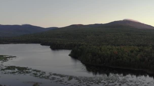 夕阳西下的湖面环绕着茂密的森林景观 — 图库视频影像