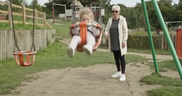 Toddler Swing Park Grandmother Pushing Cute Baby Girl Summertime — Stockvideo