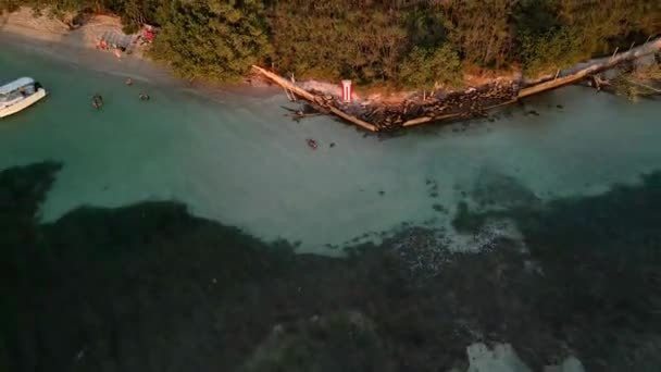 Flying Drone Backwards Beach Puerto Rico Flag Sunset Time — стоковое видео