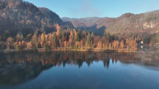 Jezero Bled Krásného Podzimního Rána Východ Slunce Kopcích Zamlžené Noci — Stock video