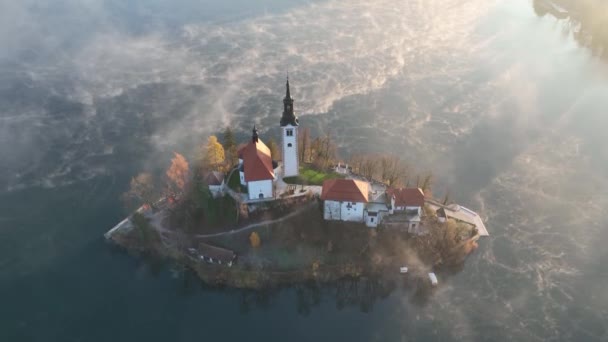 Lake Bled Beautiful Autumn Morning Sunrise Hills Misty Night — Vídeo de Stock