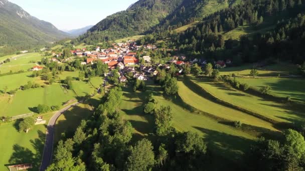 Flying Villages Old Abandoned Cottage Forest Sunrise Background Julian Alps — Stok video