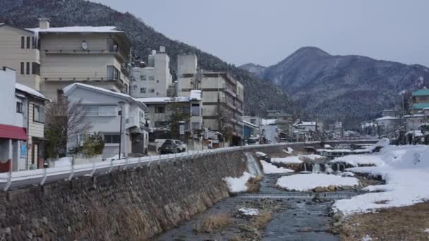 Yudanaka Onsen Paesaggio Nevoso Resort Town Nelle Montagne Nagano — Video Stock