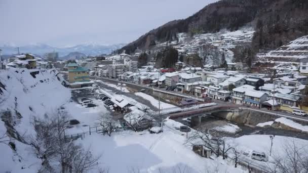 Cubierto Nieve Shibu Onsen Ciudad Montañas Nagano Japón — Vídeos de Stock