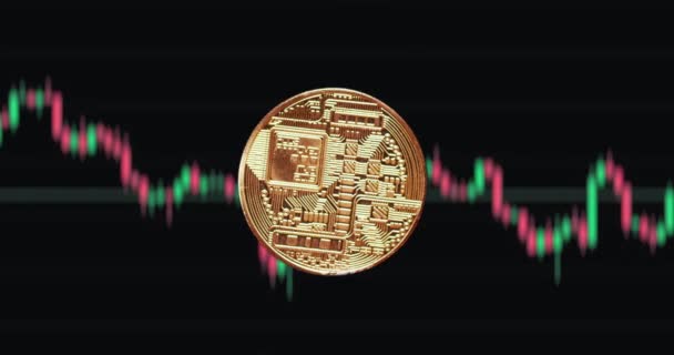 Rotation Eines Bitcoin Mit Marktkerzen Hintergrund — Stockvideo