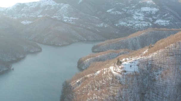 Aerial View Lake Surrounded Snow — Stock videók