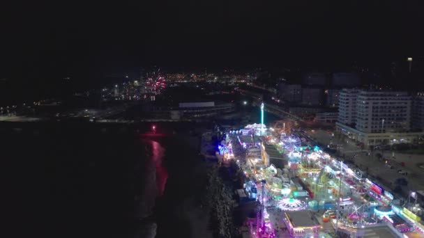 Aerial View Amusement Park Drone Flying Lateral Circular Firework Show — Stockvideo