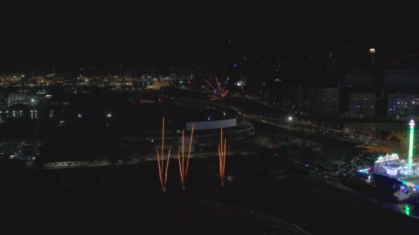 Aerial View Amusement Park Drone Flying Lateral Firework Show — Vídeo de stock