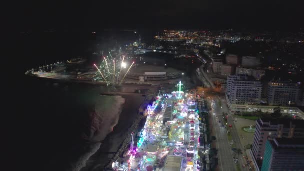 Aerial View Amusement Park Drone Flying Lateral Firework Show — Stockvideo
