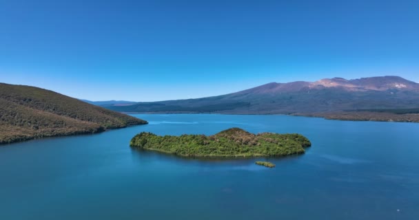 Aerial View Motuopuhi Island Lake Rotoaira Mount Roapehu New Zealand — 비디오
