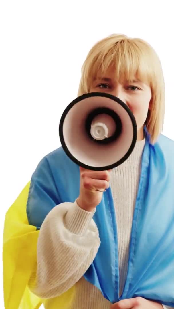 Unhappy Woman Covering Ukrainian Flag Protesting Megaphone Portrait Clip Vertical — Vídeos de Stock