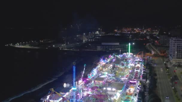 Aerial View Amusement Park Drone Flying Lateral Forward Firework Show — Stockvideo