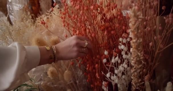 Kobieta Zbieranie Kolorowe Zachowane Suszone Larkspur Kwiaciarnia Zamknij Się — Wideo stockowe