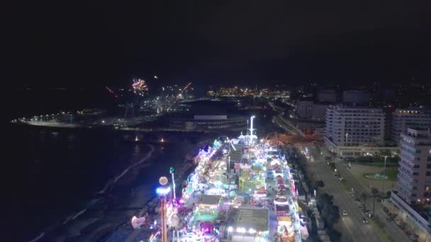 Aerial View Amusement Park Drone Flying Forward Firework Show — Vídeos de Stock