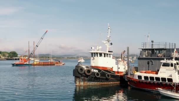 Tugboat Trawler Crane Platform Anchored Coast Harbor Dock Located Amador — Stok video