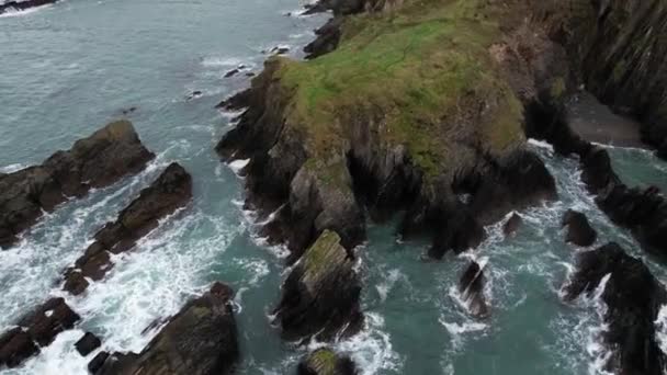 Vista Aérea Litoral Irlanda Sul Rochas Falésias Pastagens Costeiras Verdes — Vídeo de Stock