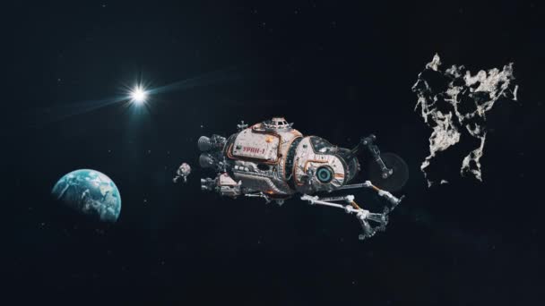 Flera Asteroid Mining Ship Rymden Nära Jorden — Stockvideo