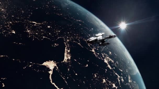 ナイル川デルタ上空の地球軌道上の将来の宇宙船 — ストック動画