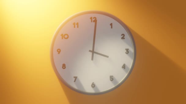 Wall clock spinning 24 hours loop. Orange morning sun flaring and glowing behind and leaving long shadow on the wall. 3D render looping time animation.