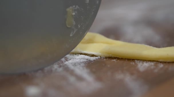 Pizza Cutter Rolling Cutting Faworki Dough Flour Extreme Close Slow — Stock Video