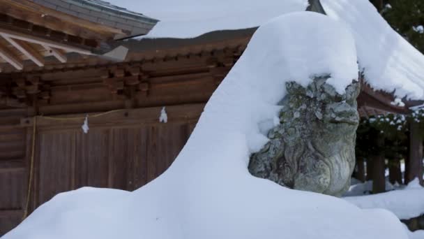 Japanese Guardian Dog Statue Blizzard Covered Snow — 비디오