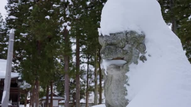 Каменная Статуя Сторожа Покрытая Снегом Зима Японии — стоковое видео