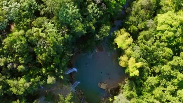 Waterfall Plunges Freshwater Pool Middle Jungle Drone Top — Stock video