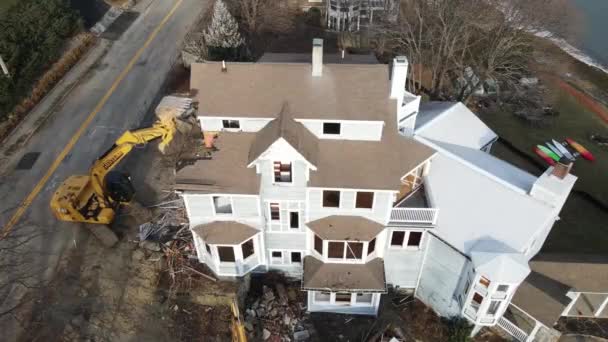 Aerial View Mechanical Digger Destroying Side House Part Demolition Project — Stockvideo