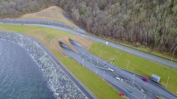 Traffic Commuting Ryfast Subsea Tunnel Entrance Norway Aerial — Stockvideo