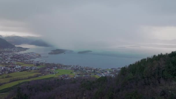 Rainy Weather Approaching Jorpeland Coastal City Norway Aerial — Stock video