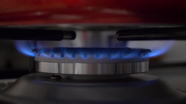 Primo Piano Del Bruciatore Gas Con Fiamma Blu Concetto Aumento — Video Stock