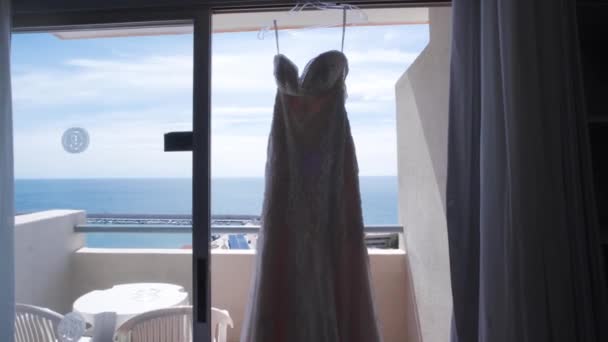 Wedding Dress Reveal Showing Wedding Dress Hanging Window — Vídeo de stock