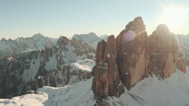 Drone Shot Tre Cime Candini Group Mountains Winter — стоковое видео