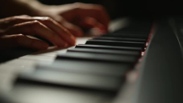 Woman Hands Playing Piano Close Moody Lighting — ストック動画