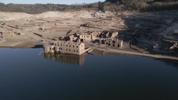 Aceredo Submerged Abandoned Village Sunset Galicia Spain Aerial Backward Ascending — Vídeo de Stock