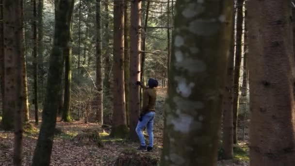 Young Forest Worker Checking Tree Woods Looking Circle Wide Shot — Stockvideo