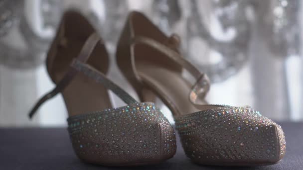Women Wedding Shoes Bridal Heels Luxury Jewels Closeup — ストック動画