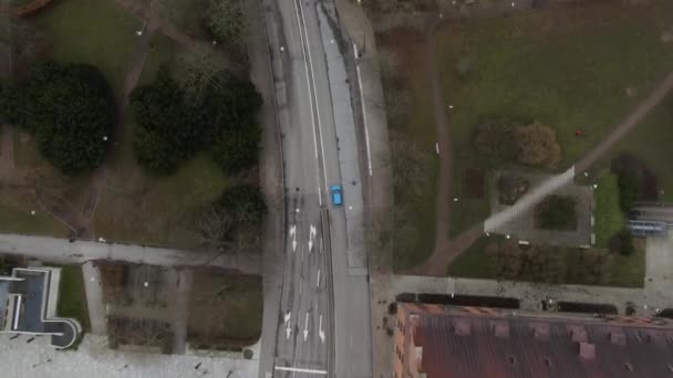 Blue Car Driving City Road Malmo Sweden Aerial Top Forward — Wideo stockowe