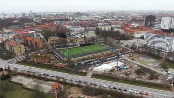 People Playing Soccer Field Malmo City Sweden Aerial Drone View — стоковое видео