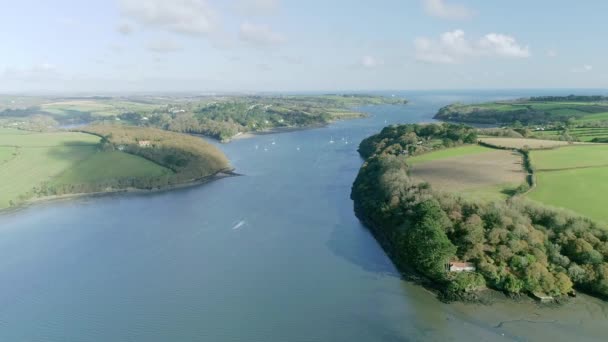 Helford River Sunny Day Looking Out Sea Aerial Shot Cornwall — Video