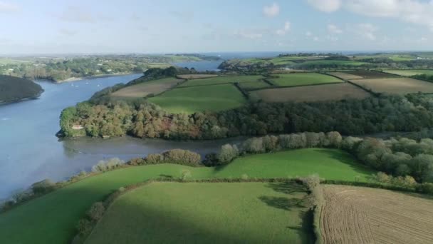 Aerial Helford River Surrounding Agricultural Countryside — Stock videók