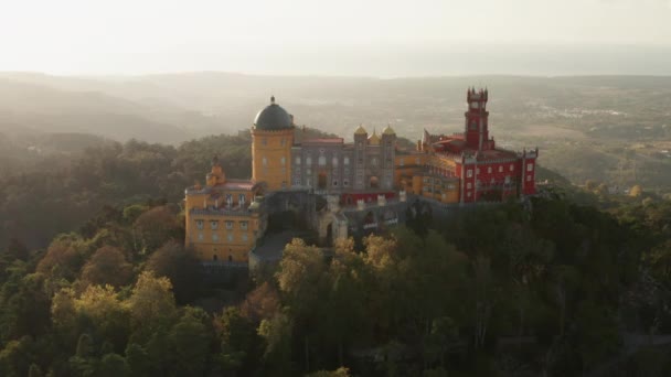 Aerial Sunset Drone Shot Palace Pena Sintra National Park Portugal — Stockvideo