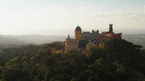 Aerial Orbit Shot Pena Palace National Sintra Park Portugal — Stockvideo