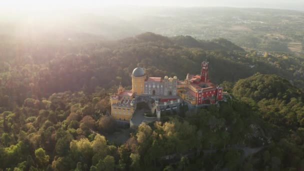 Aerial Drone Shot Pena Palace National Park Sintra Portugal — стоковое видео